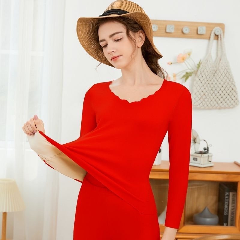 波浪领保暖内衣女士无痕内穿秋衣秋裤加绒加厚套装秋冬季上衣