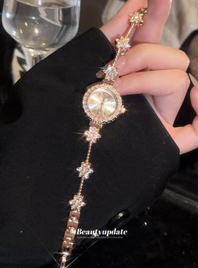 Vintage古着金色满钻花朵手表轻奢高级感手链腕表气质百搭手饰女