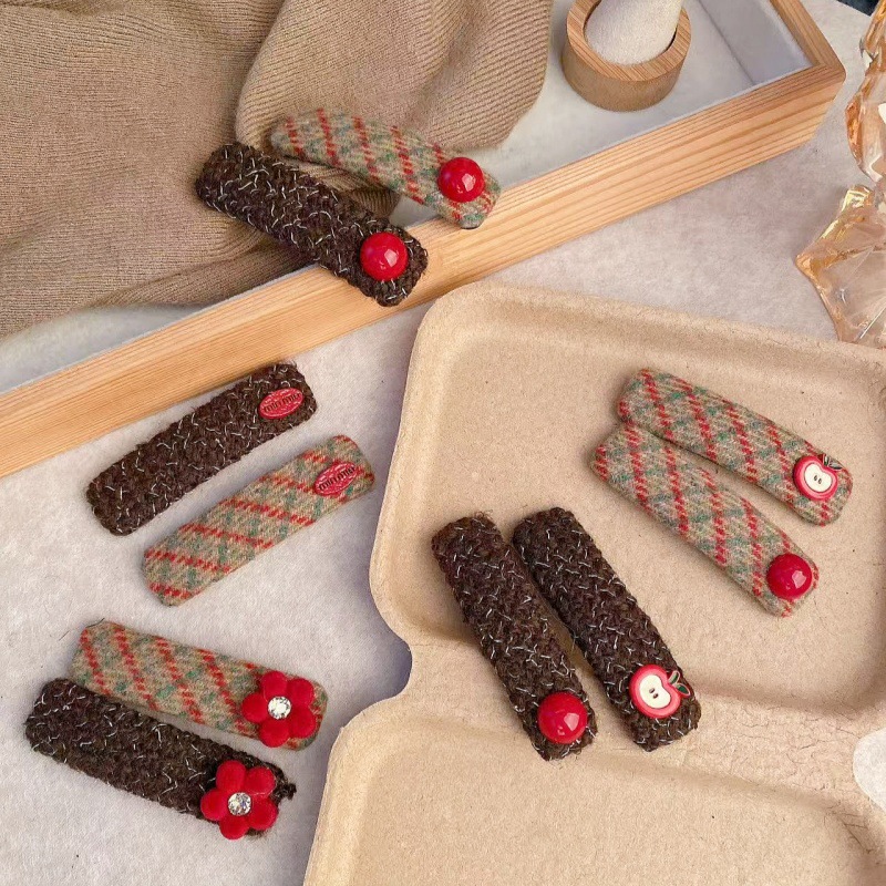 甜美韩系复古红绿格纹毛呢掰掰夹红色珍珠时尚简约发夹边夹刘海夹