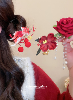 中国风新年珍珠花朵流苏发夹高级感后脑勺鸭嘴夹时尚百搭发饰批发