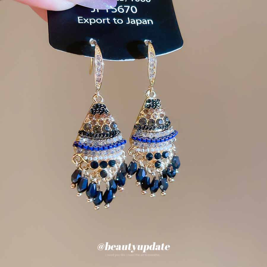 镶钻锆石菱形水晶流苏耳钩复古民族风耳环耳坠轻奢高级感耳饰