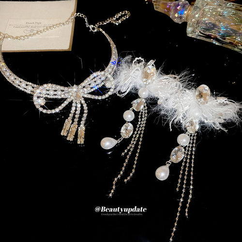 镶钻蝴蝶结流苏珍珠项链耳环个性时尚小众首饰套装轻奢高级感饰品