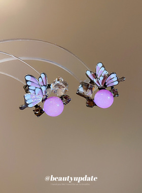 银针镶钻树脂紫色蝴蝶耳钉甜美清新耳环高级感气质耳饰设计感小众