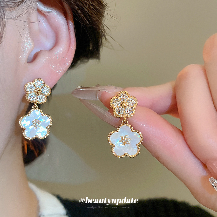 18k真金电镀银针锆石花朵五瓣花耳钉宫廷风耳环轻奢高级感耳饰女