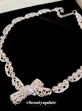 韩系ins褶皱蝴蝶结珍珠项链小众设计感锁骨链个性冷淡风百搭颈链