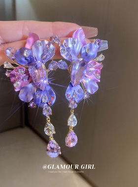 银针镶钻紫色花朵耳环欧美夸张重工耳坠轻奢个性高级感耳饰女