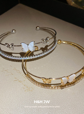 锆石蝴蝶双层镂空卡扣手镯个性百搭冷淡风手环轻奢高级感手饰批发