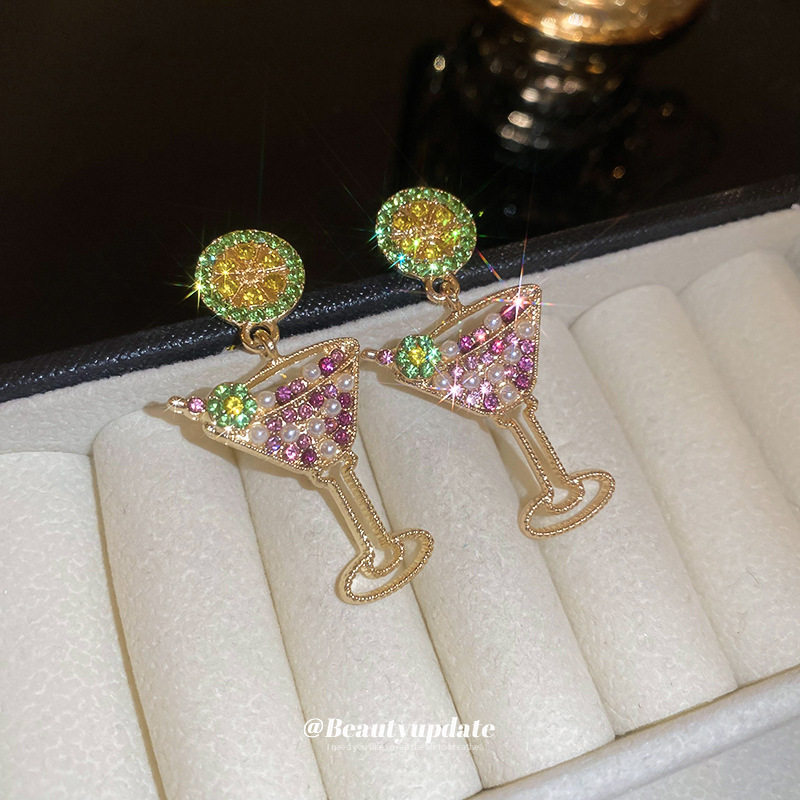银针夏日度假风青柠珍珠酒杯耳环创意设计感耳钉耳坠清新时尚耳饰