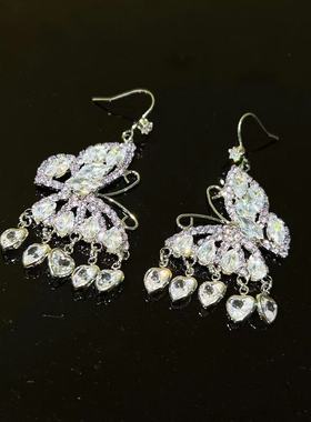 满钻轻奢微镶锆石爱心吊坠流苏紫色蝴蝶耳钩耳环气质仙女耳饰甜美