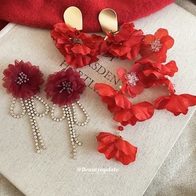 银针镶钻水晶花朵流苏耳钉复古轻奢高级感耳环设计感小众耳坠耳饰