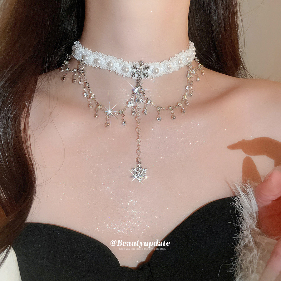 镶钻雪花流苏珍珠颈链圣诞节甜酷风小众锁骨链轻奢气质百搭项链女
