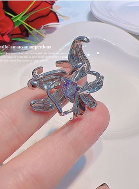 紫色锆石水晶花朵金属开口戒指戒圈 暗黑风小众设计非主流手饰品