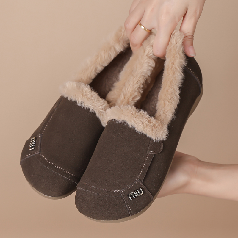 真皮外穿加绒毛毛鞋秋冬软底防滑舒适妈妈鞋大码女鞋休闲保暖棉鞋