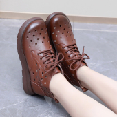 镂空凉靴女春夏软牛皮透气洞洞鞋 真皮平底短靴软底舒适复古妈妈鞋