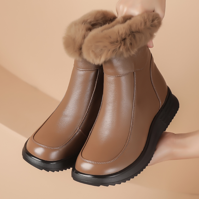 真皮羊毛皮鞋女冬加绒棉靴子防滑妈妈棉鞋中年女士羊皮毛一体短靴