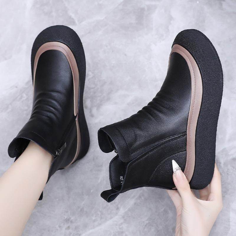 真皮厚底短靴冬季加绒棉靴休闲平底马丁靴保暖羊毛皮毛一体女靴子,女鞋,时装靴,淘宝优惠券,粉丝福利购,淘宝优惠卷