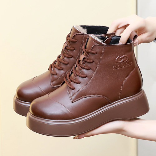 真皮马丁靴女秋冬圆头松糕厚底薄绒二棉鞋大码棉靴子加绒保暖短靴