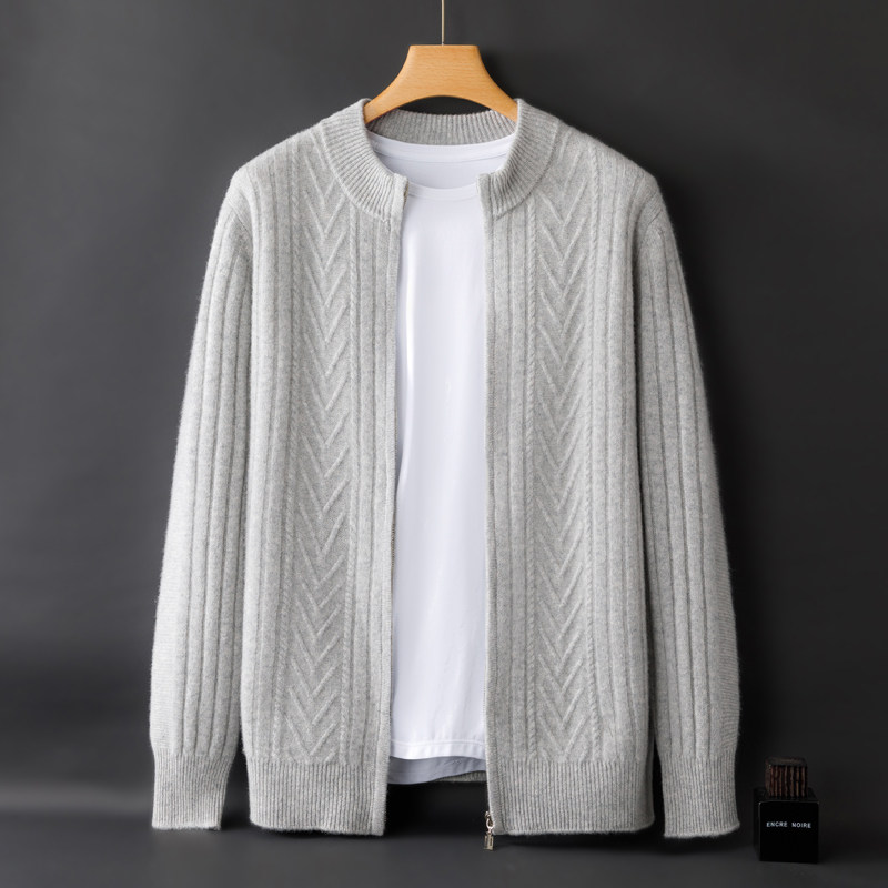 100% 모직 스웨터 남성용 세미 하이 라운드 넥 지퍼 두꺼운 카디건 솔리드 컬러 루즈 캐주얼 비즈니스 스웨터 자켓