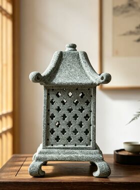 青石镂空四方宫灯香薰炉花窗设计禅房佛堂茶台茶室居家装饰摆件