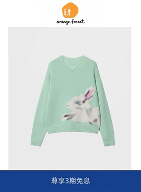 it :orange forest太美了，好温柔！V领兔子提花针织衫毛衣