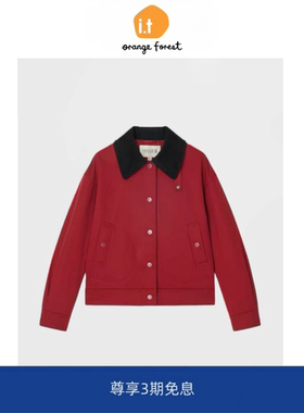 it :orange forest高密斜纹棉服红色翻领短外套女夹克上衣