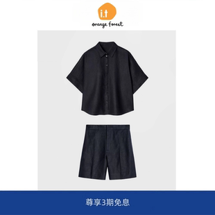 【现货】it orange forest休闲松紧腰带100%亚麻短袖衬衫短裤套装