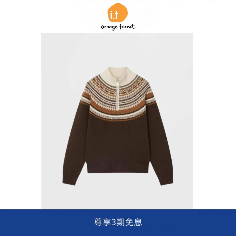 it :orange forest费尔岛针织套头轻奢半拉链半高领提花针织毛衣