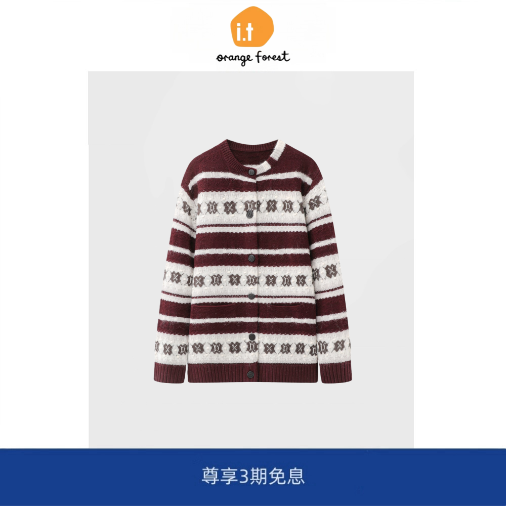 it :orange forest冬新款刺绣提花宽松针织衫女圆领毛衣开衫