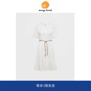 【现货】it orange forest高支棉V领重工刺绣白色连衣裙收腰显瘦