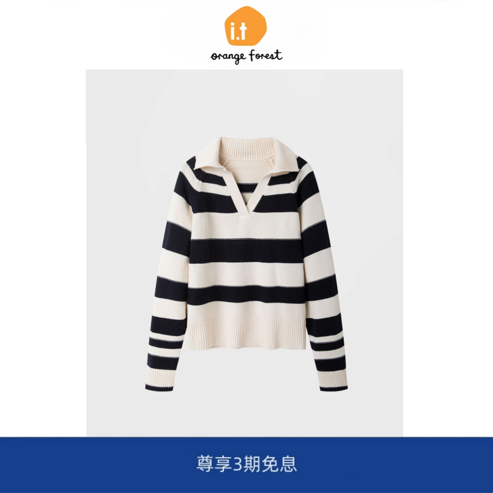 it :orange forest针织衫女羊毛混纺运动风条纹卫衣秋季新品上衣