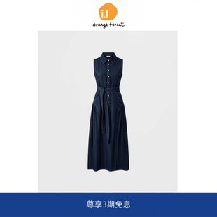 【现货】it orange forest无袖牛仔连衣裙收腰系带翻领过膝长裙子