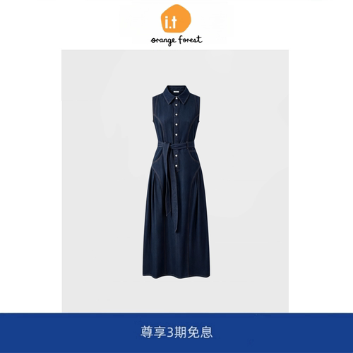 【现货】it orange forest无袖牛仔连衣裙收腰系带翻领过膝长裙子