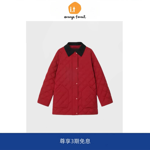it :orange forest羽绒服新年红菱形格绗缝中长款夹克外套
