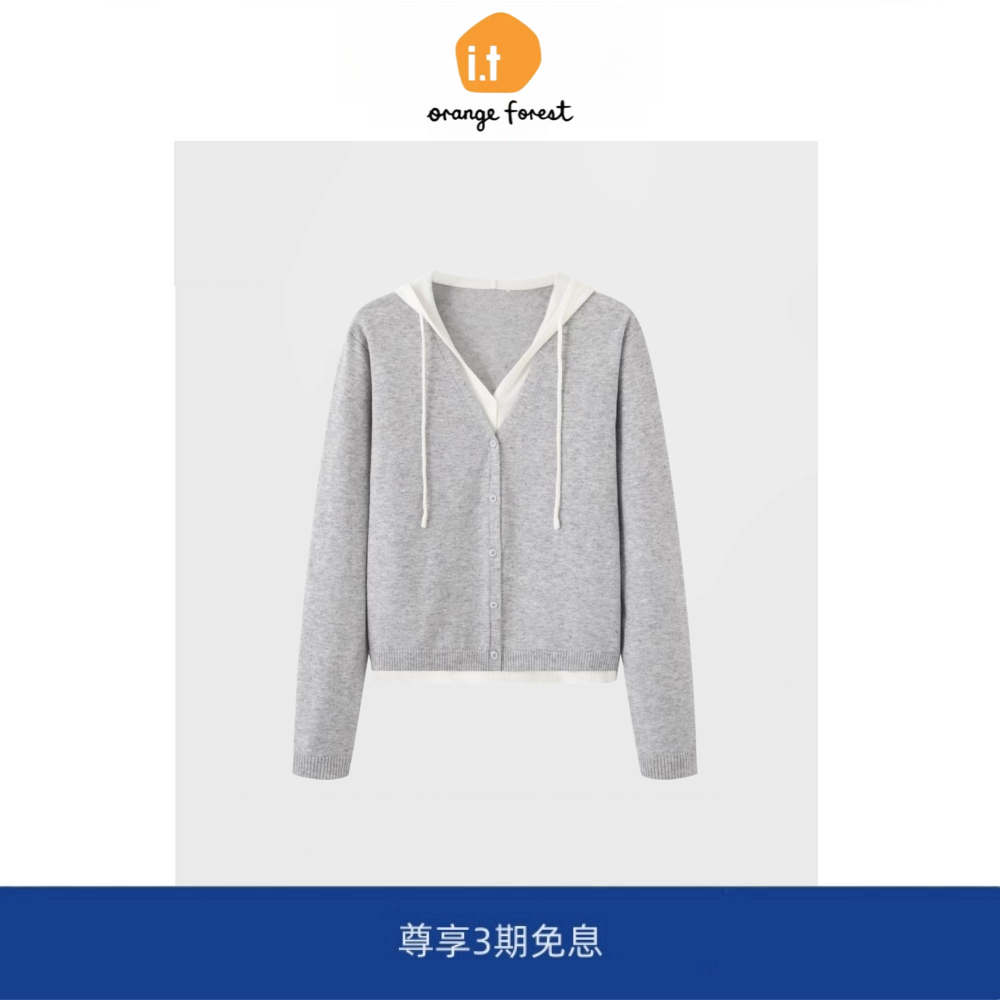 it :orange forest时尚简约假两件连帽针织衫女 秋季新款外套上衣