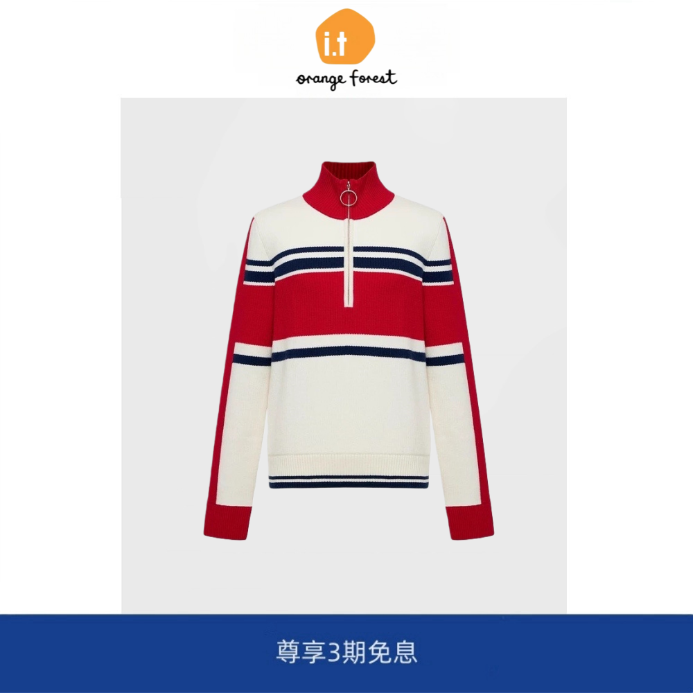 it :orange forest撞色拼接立领针织衫女装简约弹力羊毛拉链毛衣