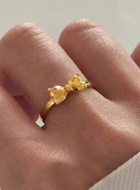 日系切割金色爱心蝴蝶结素圈戒指