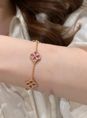 法式蔷薇粉四叶草闪钻手链项链