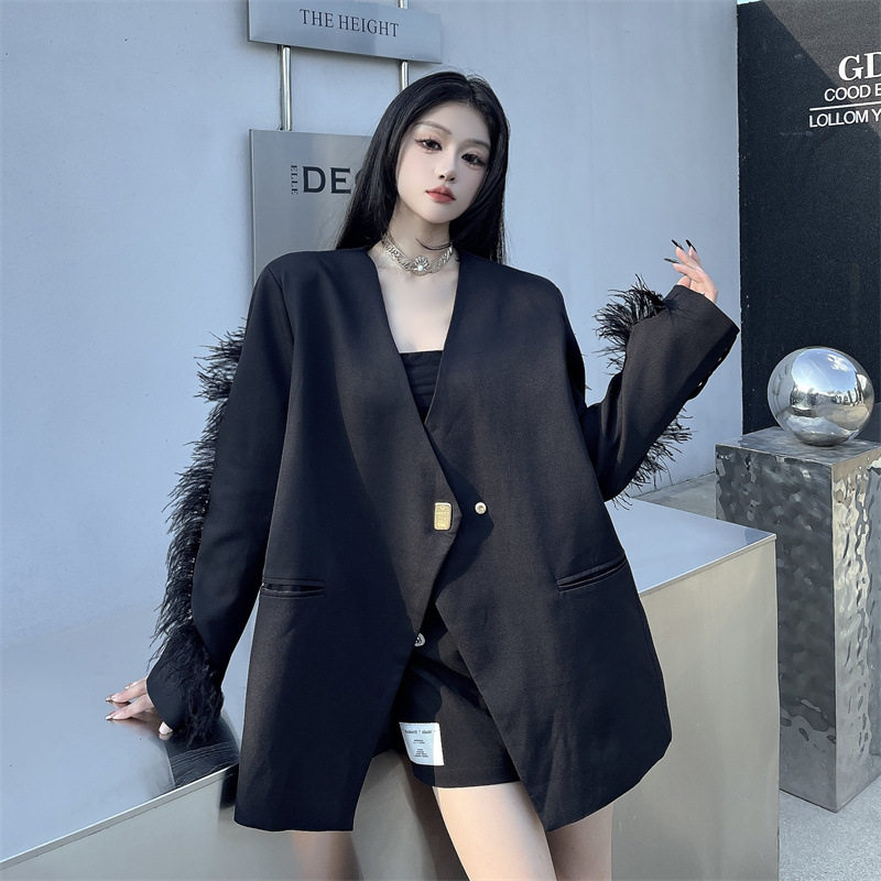 柏鑫逸高级感羽毛拼接黑色西装外套女秋中长款洋气宽松西服上衣潮