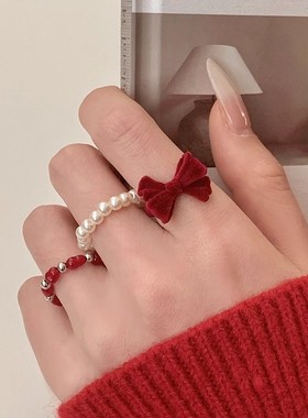 新年款红色丝绒珍珠戒指女款指环