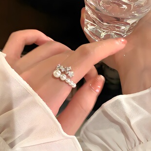 珍珠碎钻！小众设计闪锆蝴蝶珍珠叠戴戒指女韩系高级开口戒食指戒