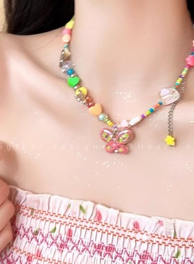 夏日多巴胺彩色爱心蝴蝶串珠项链