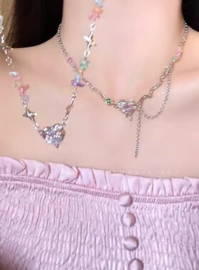 彩色碎石爱心项链女款锁骨链配饰