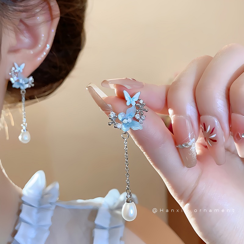 蓝色双蝴蝶锆石流苏耳环女仙耳饰