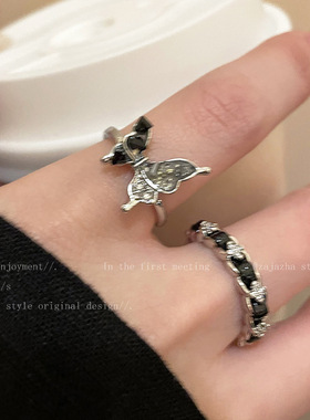 撞色碎石蝴蝶开口戒指女小众指环