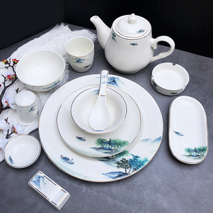 星级酒店陶瓷摆台餐具中式饭店会所山水墨香金边餐具盘碗勺三件套