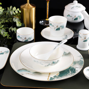 中式酒店骨瓷摆台餐具三四件套套装高档金边饭店会所包厢商用定制
