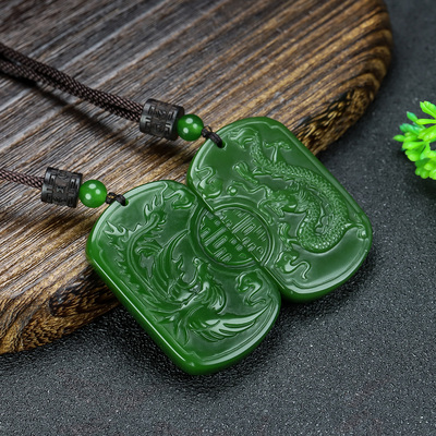 和田玉碧玉龙凤呈祥吊坠男女款菠菜绿龙凤对一对玉佩挂件玉坠项链