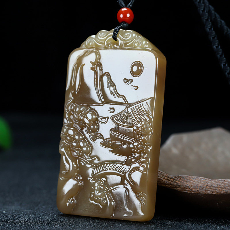 和田玉糖料山水牌吊坠男女款新疆玉大好河山平安无事牌挂件项链