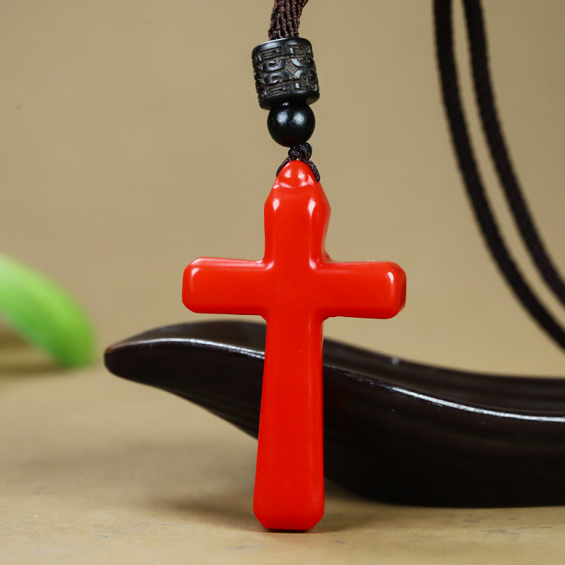 和田玉红玉十字架吊坠男女款新疆玉鸡血石十字架挂件项链玉佩玉坠