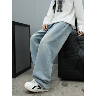 牛仔裤子少男春秋装2026新款初中高中学生大童松紧腰阔腿长裤直筒